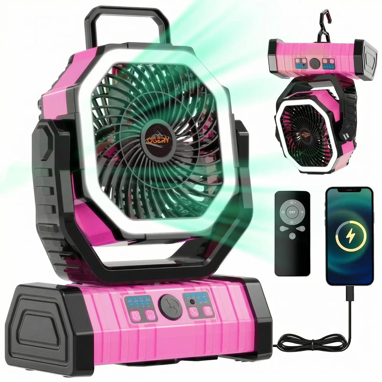 OGERY Rechargeable Camping Fan with LED Light, Portable Multi-Functional Fan with 360° Rotating Hook, Oscillating Emergency Camping Fan Cordless Rotatable Battery Powered Lightweight Summerwins