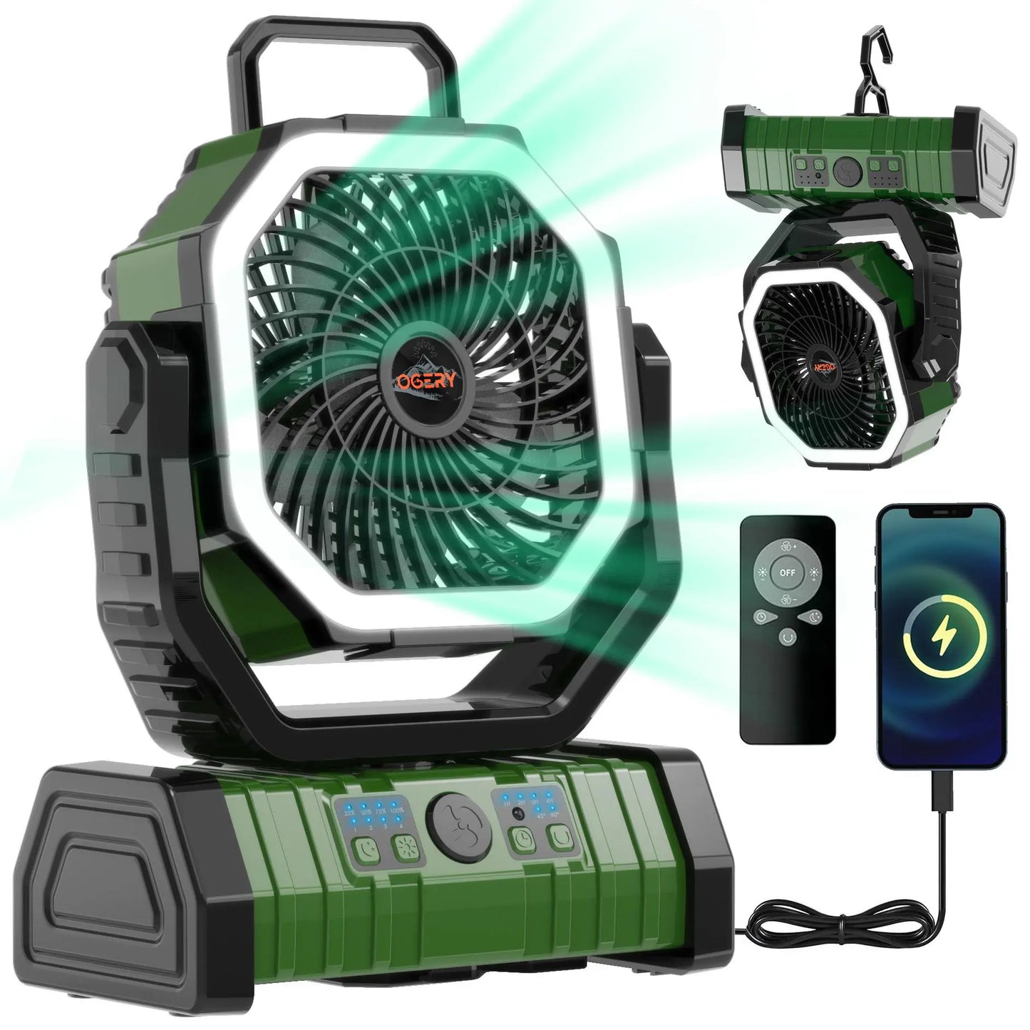 OGERY Rechargeable Camping Fan with LED Light, Portable Multi-Functional Fan with 360° Rotating Hook, Oscillating Emergency Camping Fan Cordless Rotatable Battery Powered Lightweight Summerwins