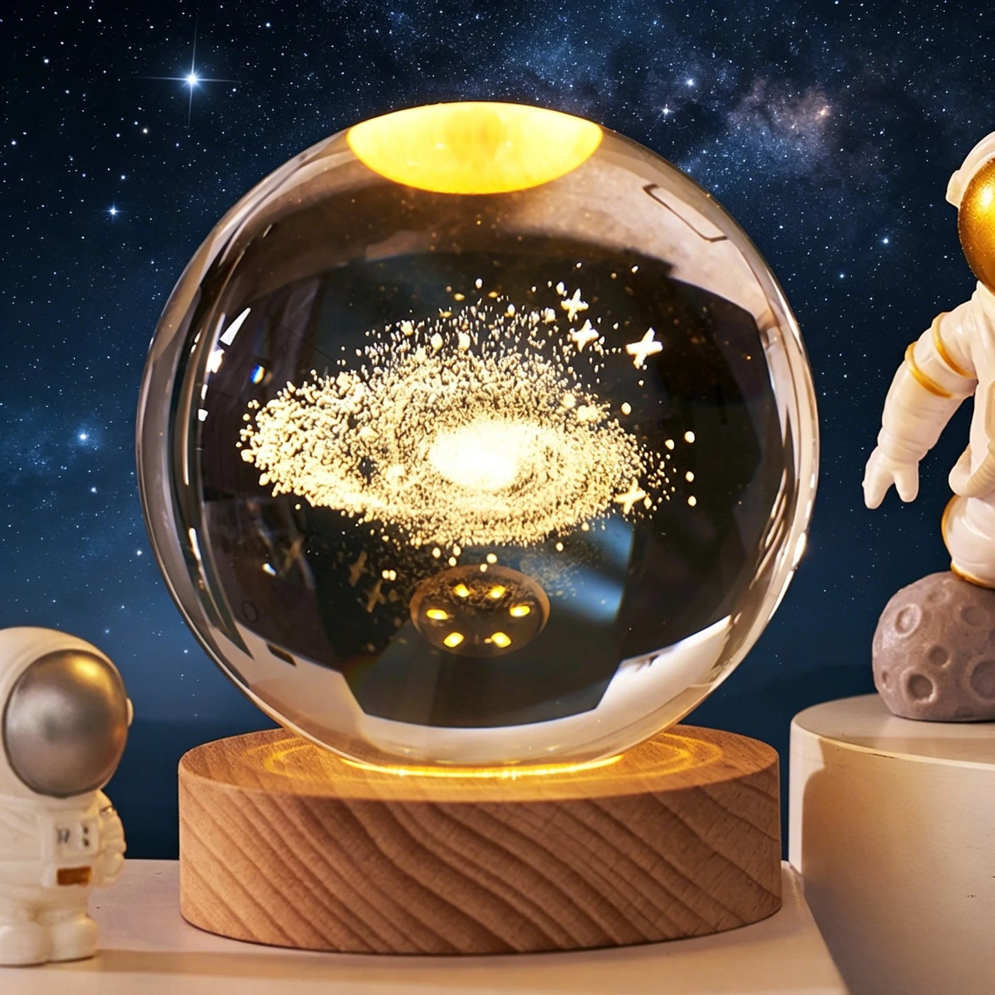 ✨ 3D Engraved Crystal Galaxy Night Light – Premium Wooden Base Edition