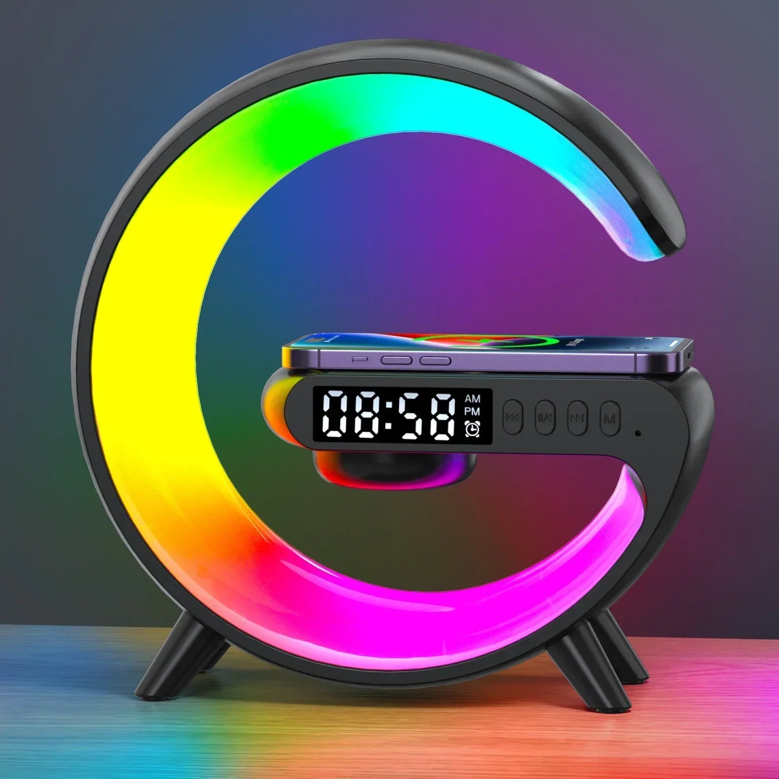 All-in-One Wireless Charging Station with RGB Light, Alarm Clock & Bluetooth Speaker