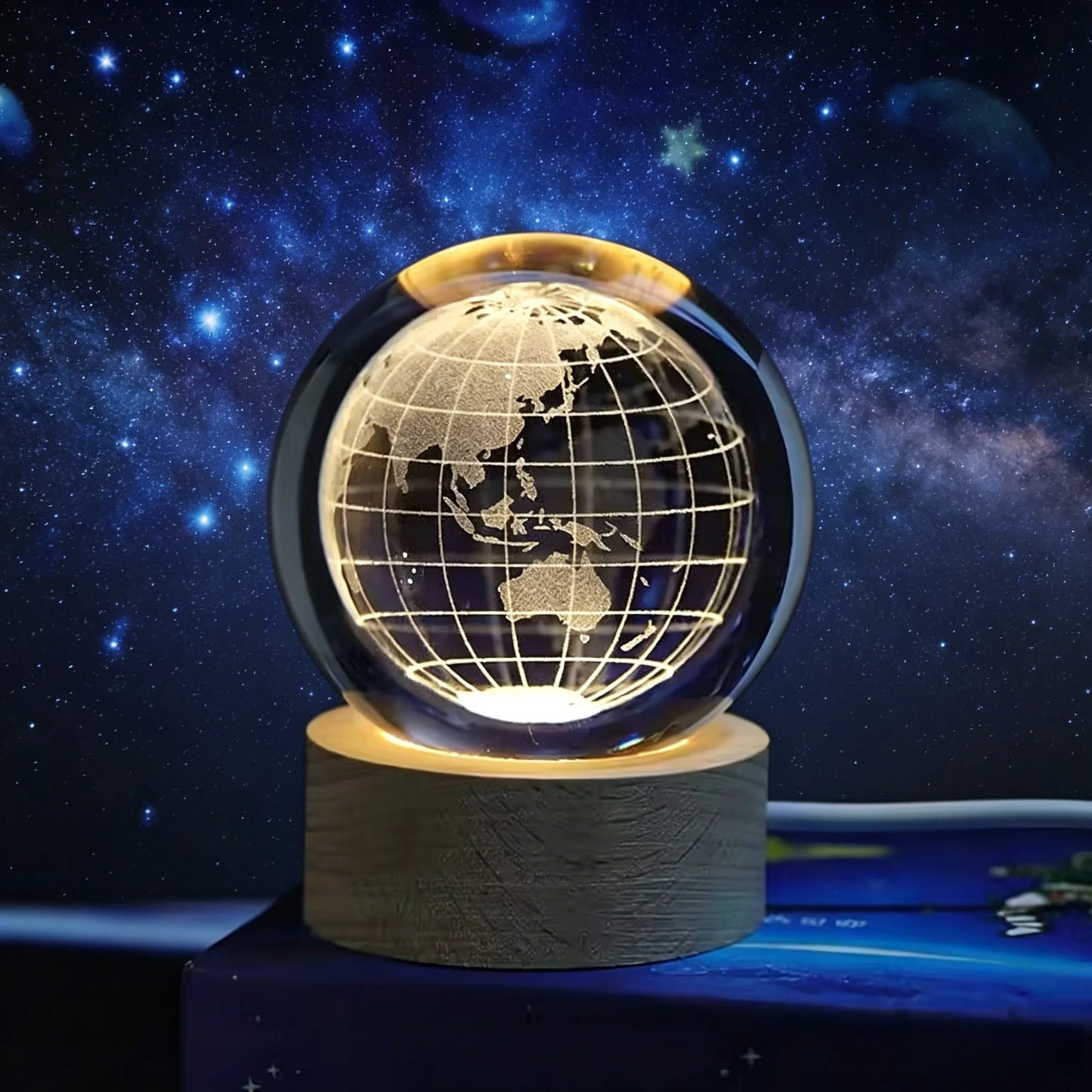 ✨ 3D Engraved Crystal Galaxy Night Light – Premium Wooden Base Edition