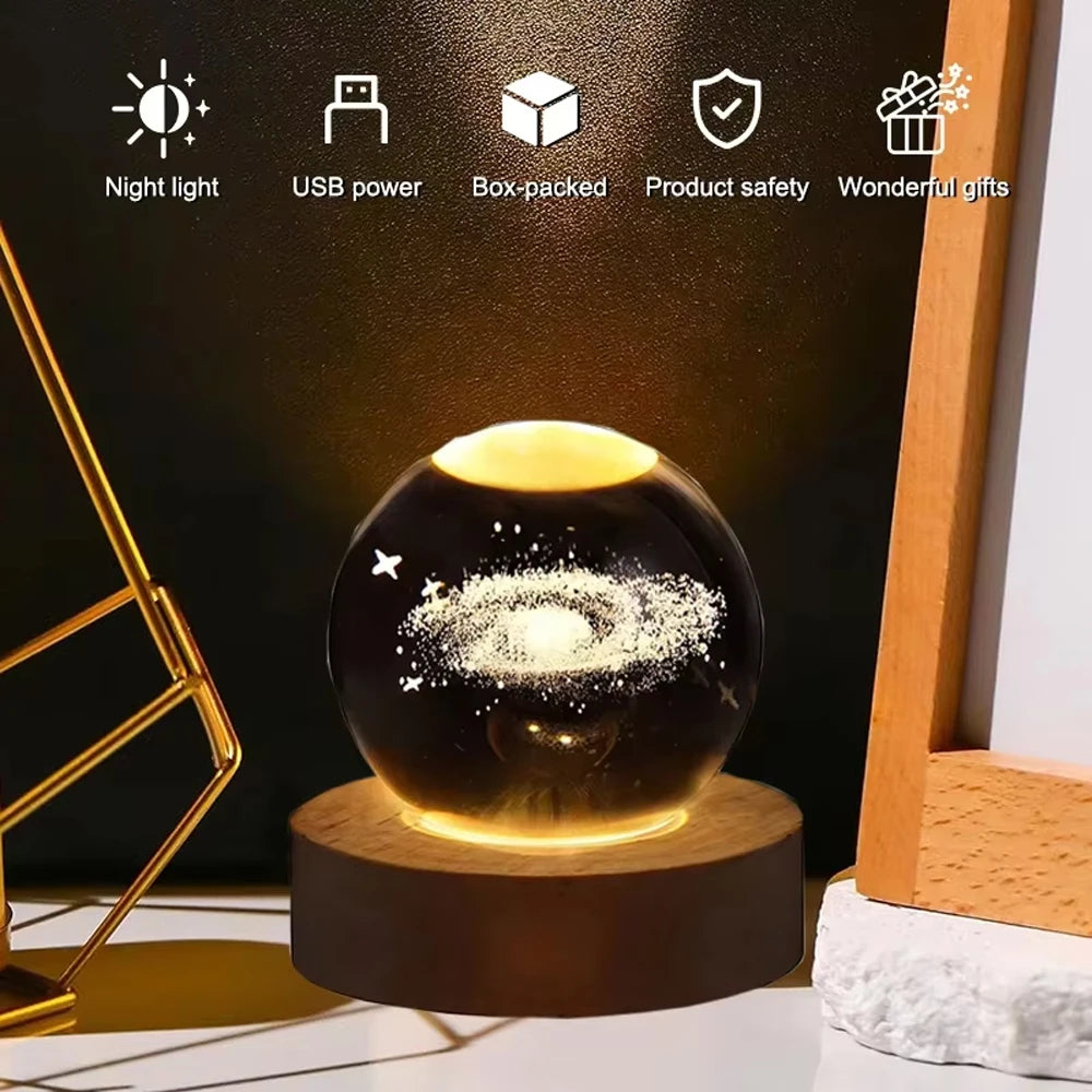 ✨ 3D Engraved Crystal Galaxy Night Light – Premium Wooden Base Edition