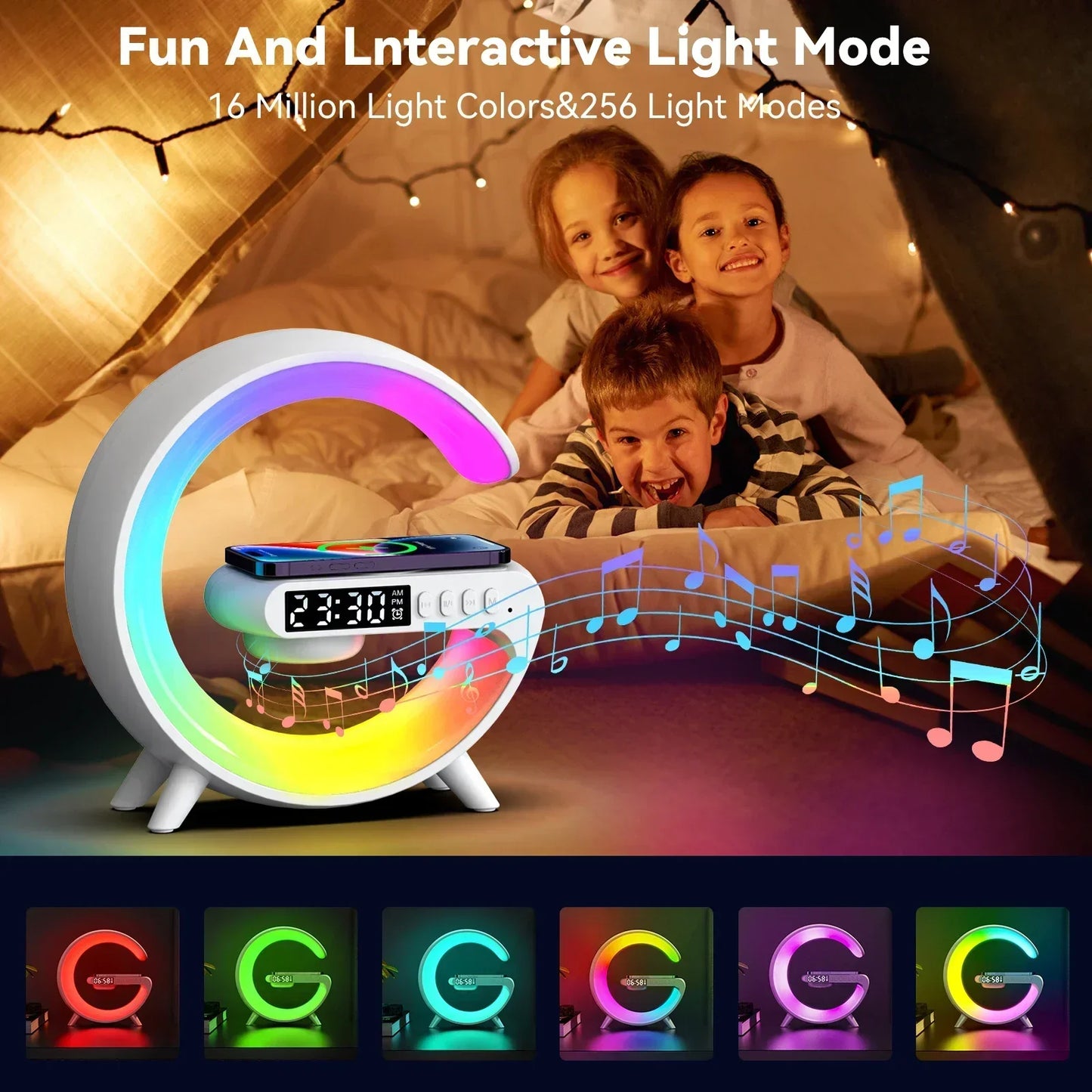 All-in-One Wireless Charging Station with RGB Light, Alarm Clock & Bluetooth Speaker