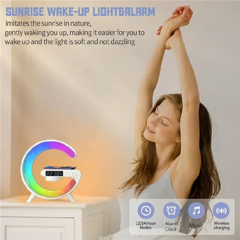 All-in-One Wireless Charging Station with RGB Light, Alarm Clock & Bluetooth Speaker