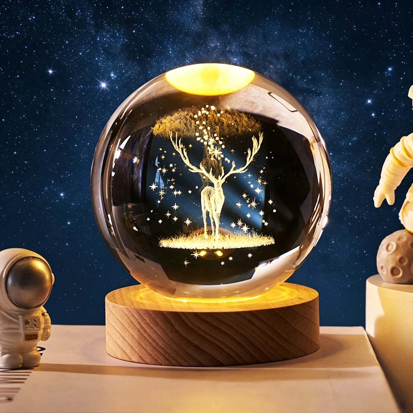 ✨ 3D Engraved Crystal Galaxy Night Light – Premium Wooden Base Edition