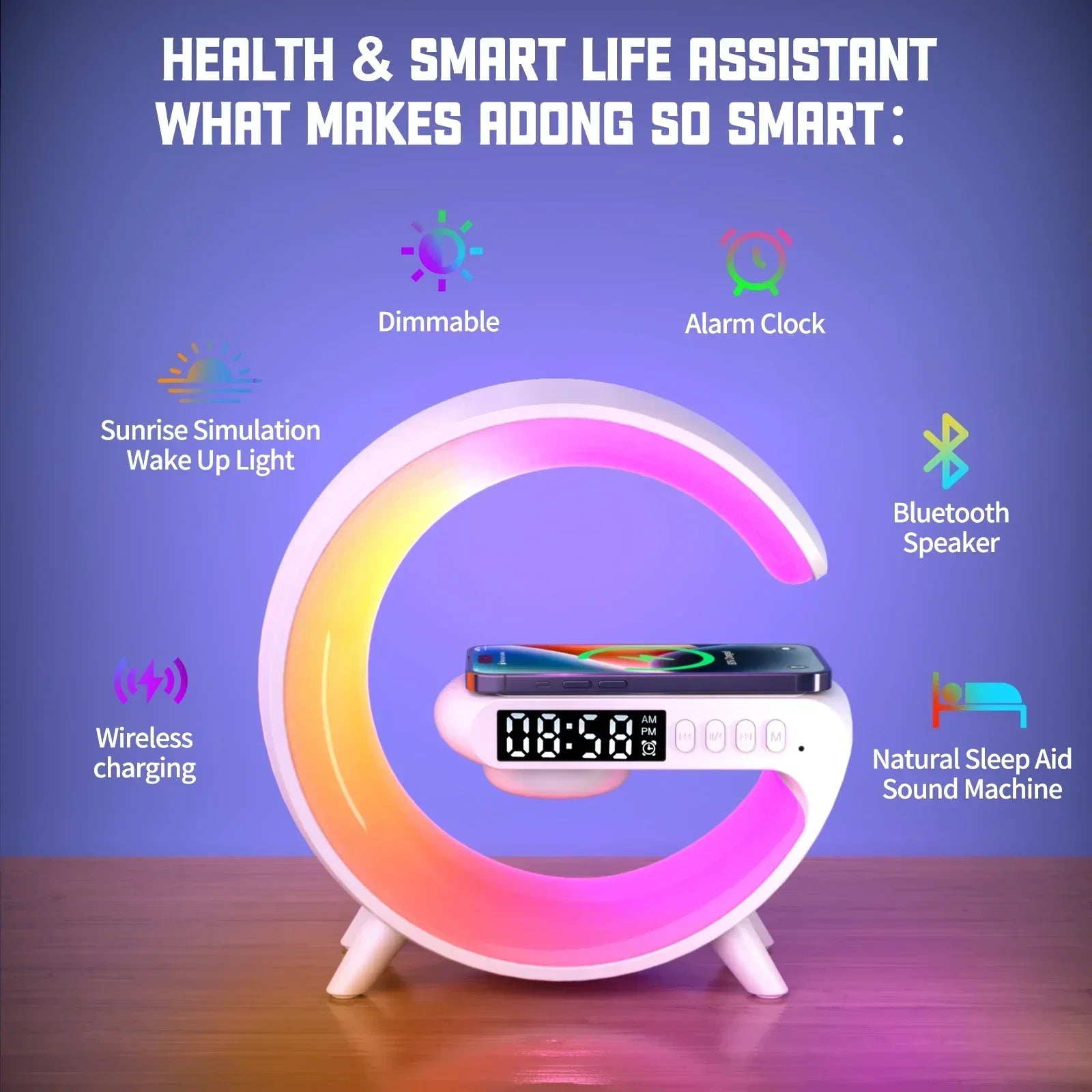All-in-One Wireless Charging Station with RGB Light, Alarm Clock & Bluetooth Speaker