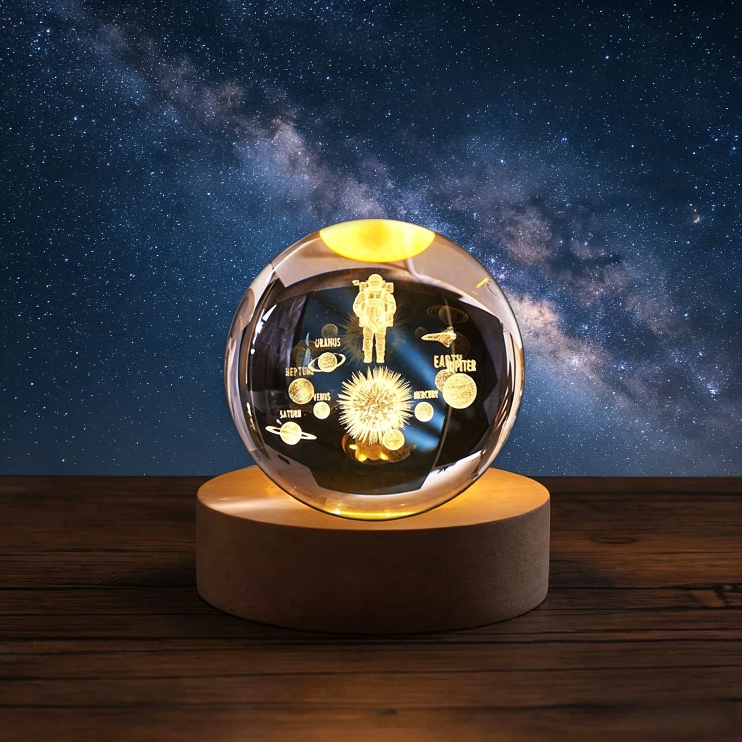 ✨ 3D Engraved Crystal Galaxy Night Light – Premium Wooden Base Edition